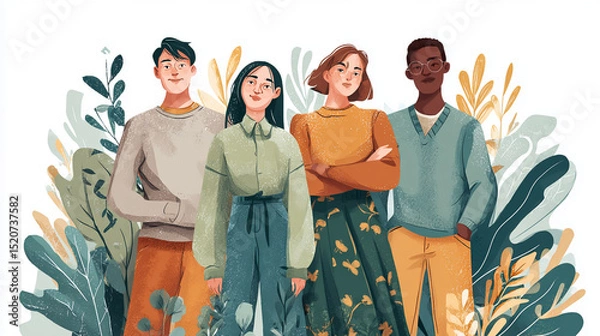 Fototapeta Diverse Group of Young Adults Embracing Friendship and Teamwork in Vibrant Urban Style Illustration - Multicultural and Environmentally Conscious Art with Minimalist Backdrop