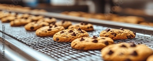 Obraz Chocolate Chip Cookies on a Conveyor Belt