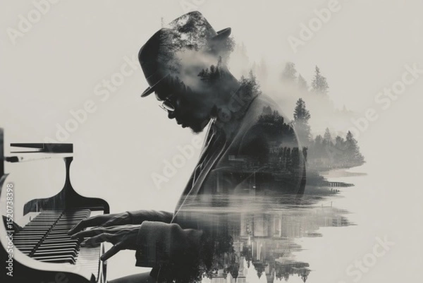 Fototapeta Minimalist double exposure of a musician with piano keys and sound waves merging, artistic music theme