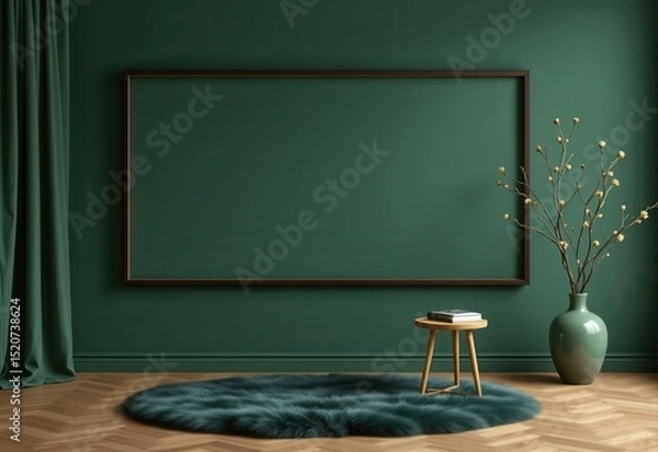 Fototapeta mock up frame in a dark green themed room with a fur rug, table, and minimalist branch in vase, 3d rendered for a bold visual setting combining depth, texture, and moody interior charm.