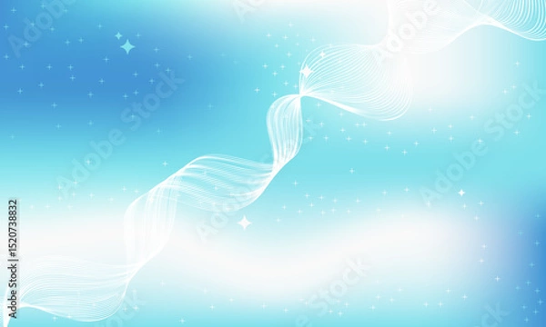 Fototapeta Sky blue abstract background with soft gradient, wavy white lines, sparkles and dreamy light effect, ideal for modern design, digital art, and elegant backgrounds.