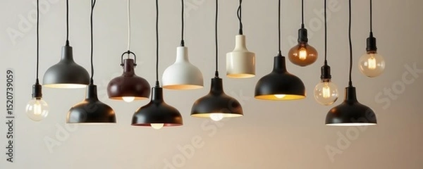 Obraz a collection of modern lamps with diverse shapes and finishes hangs suspended from the ceiling against a soft, neutral background, illuminating the space with stylish warmth and elegance.