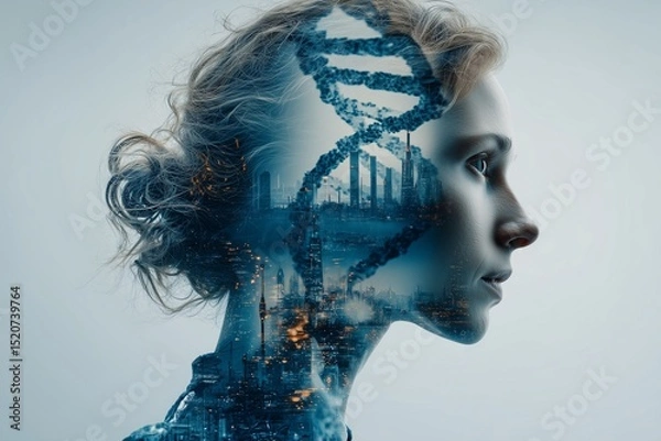 Fototapeta Double exposure portrait of a scientist with dna helix and lab equipment overlay, futuristic research concept
