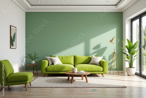 Obraz a living room 3d render with a stylish green sofa set in a neutral toned space, offering a vibrant yet calm interior that mixes color and simplicity for a refreshing modern vibe.