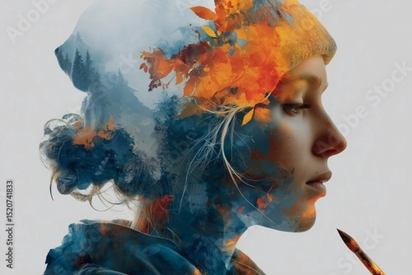 Fototapeta Artistic double exposure of a painter with brush strokes and color splashes, creative arts