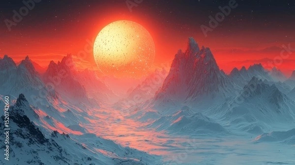 Fototapeta Majestic sunset over icy mountains, casting a warm glow on a serene landscape, perfect for nature-themed projects and inspirational visuals.