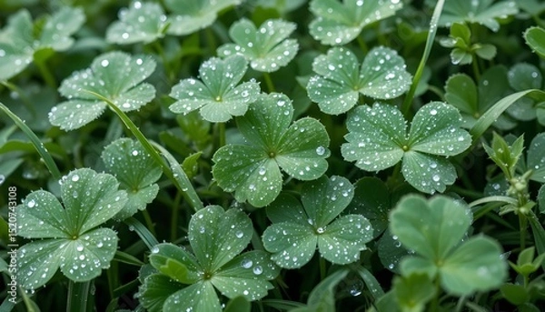 Fototapeta Close-up of Grass Blades and Clover Covered with Dew