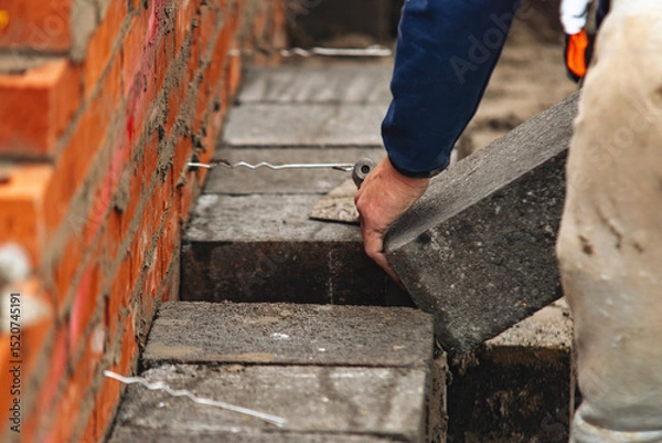 Obraz Construction worker laying concrete blocks on building site