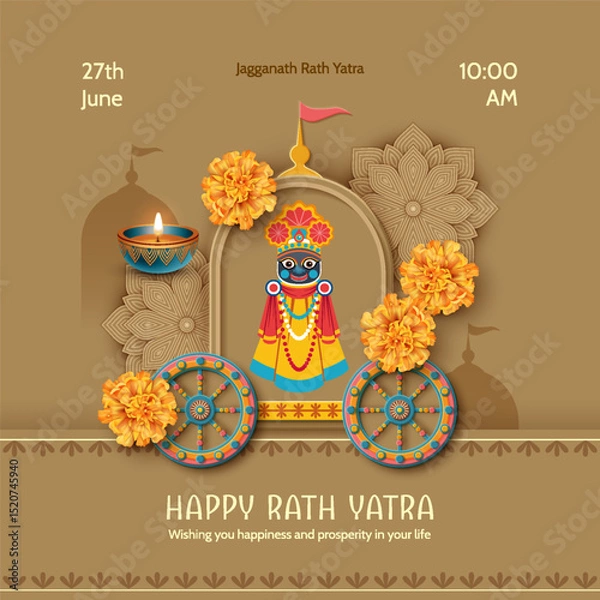 Fototapeta Jagannath Puri Rath Yatra. Festive paper cut style poster with Lord Jagannath, traditional festive chariot, flowers and lighted lamp