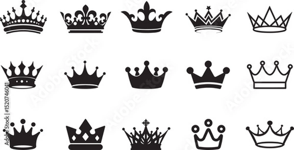 Fototapeta This versatile vector icon set features a diverse array of crown styles, from classic king and queen emblems to minimalist and modern tiara and coronet designs, making it a trending asset.