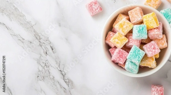 Obraz Colorful Candy Cubes in White Bowl on Marble Countertop Surface