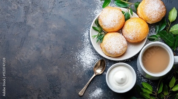 Obraz Fresh Baked Pastries with Powdered Sugar and Coffee on Dark Surface