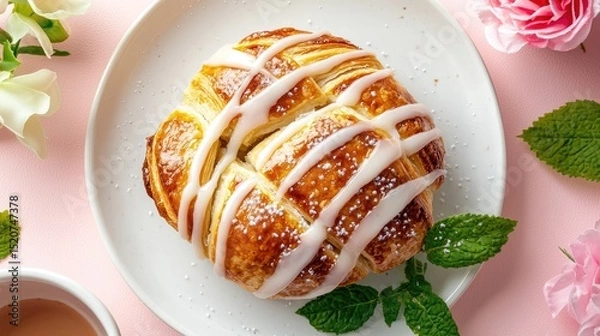 Obraz Delicious Glazed Pastry on a White Plate with Pink Background
