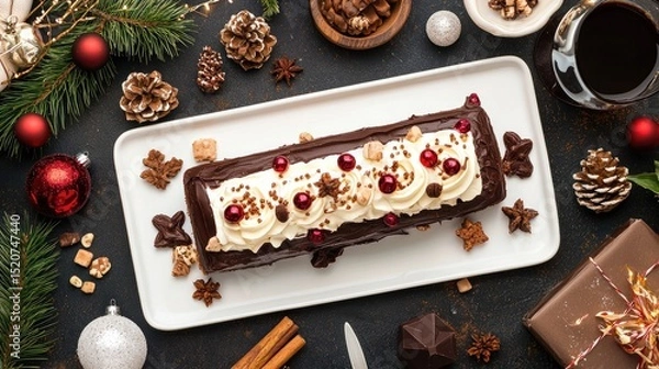 Obraz Festive Chocolate Dessert with Cream and Red Berries for Celebration