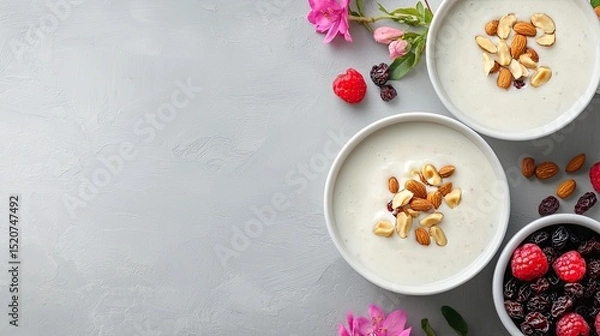 Obraz Healthy Yogurt Bowls with Nuts and Berries on Gray Background