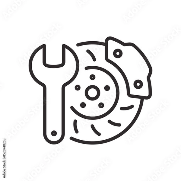 Obraz Car brake disc with wrench icon. Vector illustration. Editable stroke.