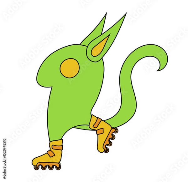 Obraz A cute green monster with long ears and tail, skating on yellow inline skates. 