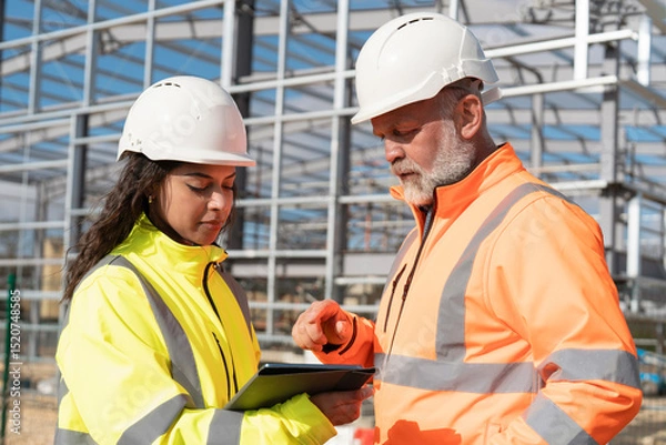 Obraz Two construction workers discuss plans on a site while wearing safety gear and reviewing documents