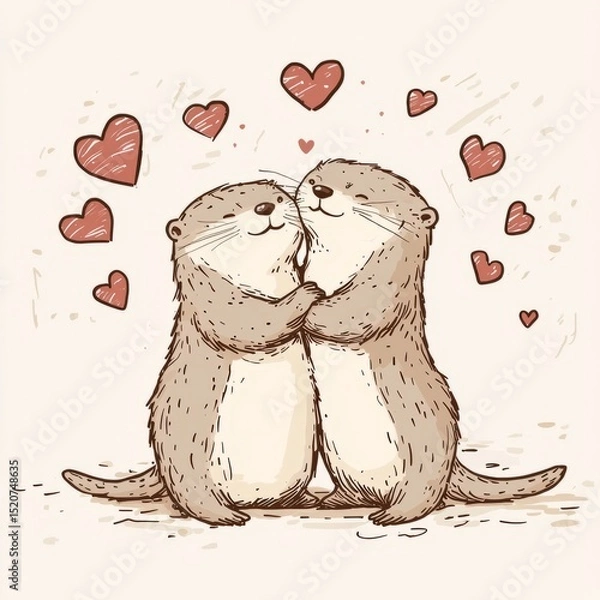 Fototapeta Two small otters hug, otters in a cartoon simple style, hearts are flying around. 