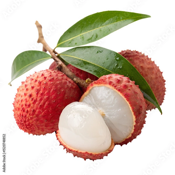 Fototapeta Juicy lychee fruit with red skin, white flesh and green leaves isolated on white transparent background, concept of tropical fruit