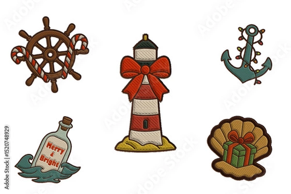 Obraz Embroidered tropical Christmas in July clipart set with lighthouse, anchor, helm, shell gift, and message bottle. Festive stitched icons in warm colors for digital scrapbooking and holiday designs.