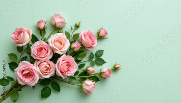 Obraz Beautiful arrangement of pink roses with green leaves on soft green background, evoking feelings of love and tranquility. Perfect for celebrations or as gift