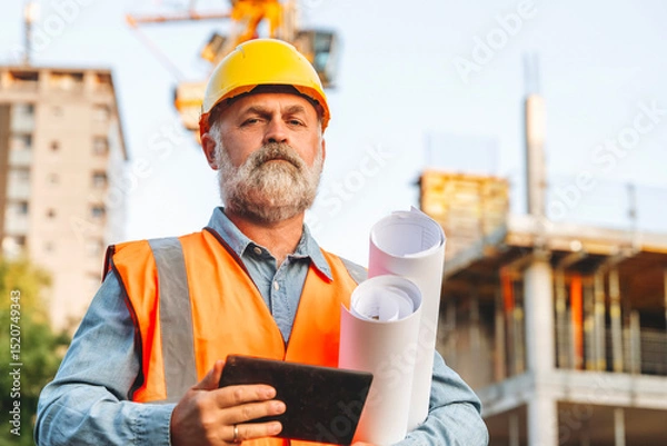 Obraz A construction worker wearing an orange vest and hard hat stands confidently at an urban site, holding blueprints