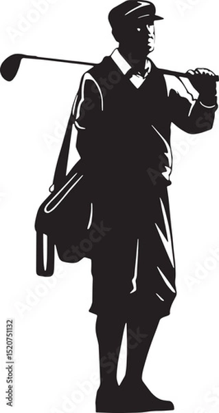 Fototapeta Old Elegant male golfer silhouette in vintage outfit, carrying a golf bag and holding a club over his shoulder. Classic and stylish design ideal for logos, SVG files, and retro golf branding.