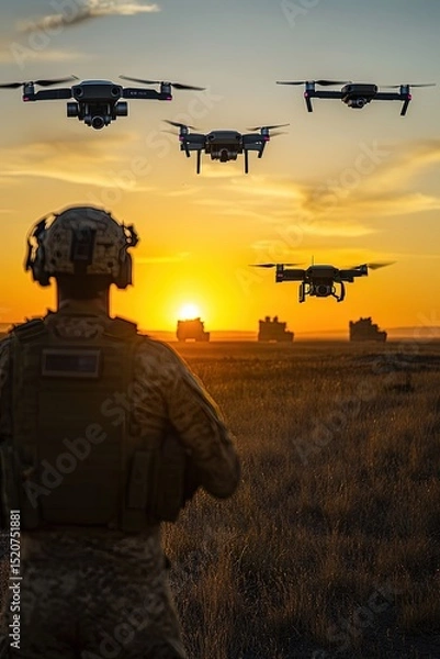 Obraz Drones and Soldier at Sunset