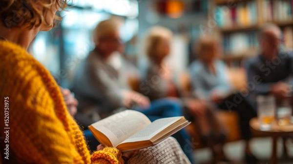 Fototapeta Cozy Book Club Gathering: Diverse Adult Group Reading & Discussion in Library Setting