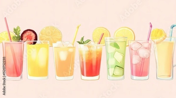 Obraz Colorful Summer Drinks with Fruit Slices and Straws