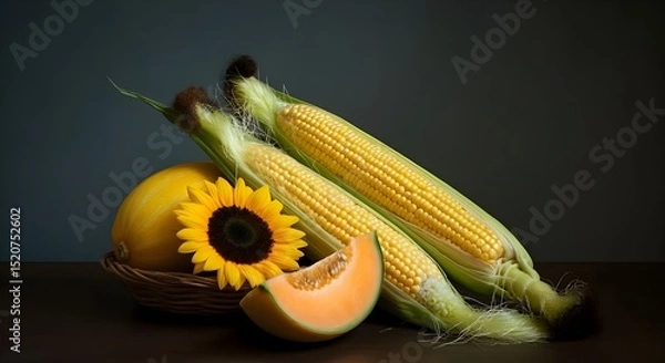 Obraz still life o natura morta con pannocchie di mail limini e meloni