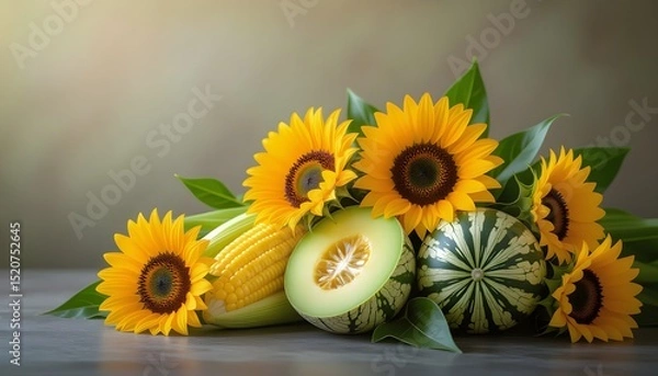 Obraz still life o natura morta con pannocchie di mail limini e meloni