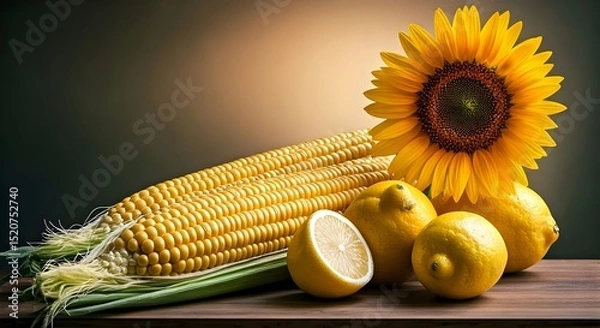 Obraz still life o natura morta con pannocchie di mail limini e meloni