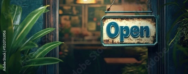 Obraz Open Sign on Doorway with Plants