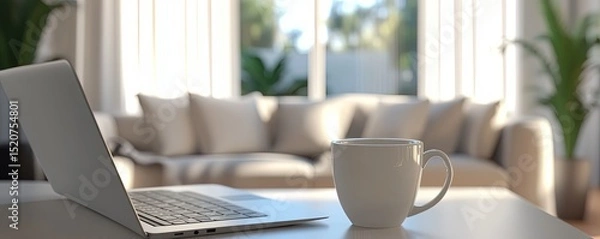 Obraz Laptop and Mug on Table in Bright Living Room