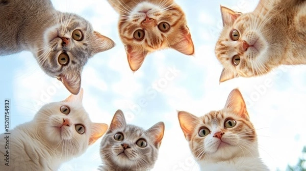 Fototapeta Cats cute looking at the camera, with cute and happy expressions, standing in a circle, viewed from below against the sky, in light colors. This is a realistic high resolution photo. Generative Ai