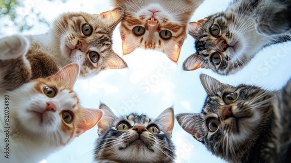 Obraz Cats cute looking at the camera, with cute and happy expressions, standing in a circle, viewed from below against the sky, in light colors. This is a realistic high resolution photo. Generative Ai
