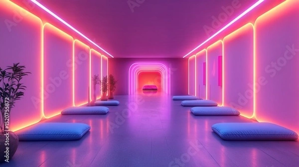 Fototapeta A neon yoga studio with glowing energy fields balancing a stressed mind 