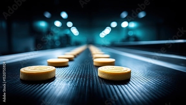 Obraz Round Cookies on Conveyor Belt