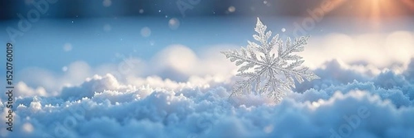 Obraz Intricate snowflake resting on a pristine, snowy surface Sunlight glints off its delicate icy crystals, highlighting its unique structure A perfect winter wonderland scene , fragile, delicate