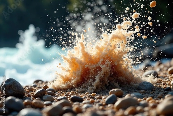 Fototapeta Close-up of various rocks being propelled through the air by a powerful force, creating a dynamic spray of debris Ideal for action, power, and nature themes , flying, speed