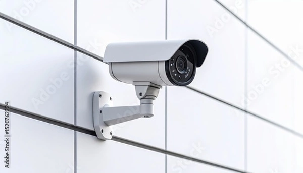 Fototapeta Security Camera on Modern White Building Facade