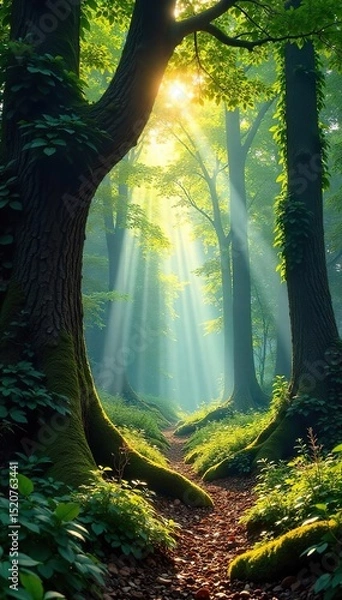 Obraz Sunlight dapples through the canopy of a lush forest, illuminating the rich textures of ancient wooden trees A peaceful and serene woodland scene , forest, tranquil