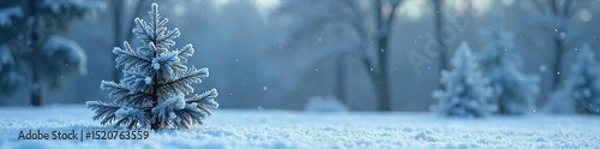 Obraz A frosted Christmas tree stands alone in a snowy landscape, its branches laden with a delicate layer of ice crystals The cold winter air creates a serene, magical atmosphere , snow, peaceful