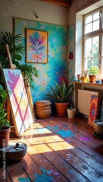 Obraz A vibrant, sunlit indoor space filled with colorful art supplies, scattered canvases, and various creative tools, suggesting a burst of artistic energy and inspiration , pencils, handmade