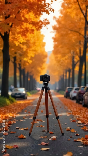 Obraz A tripod with a camera mounted on it stands on an asphalt road in autumn on an alley with yellowed leaves