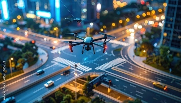 Fototapeta Drone Flight Over City Intersection at Night