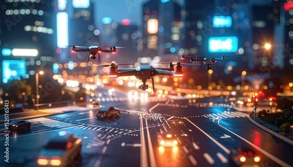 Fototapeta Drones Over Cityscape at Night: Urban Technology and Transportation