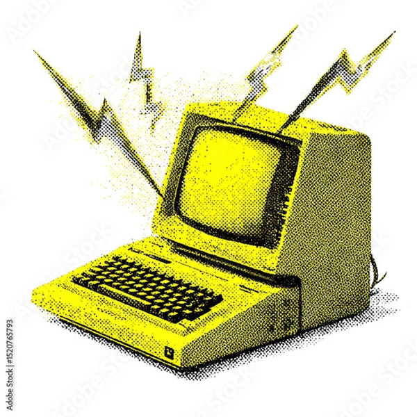 Fototapeta Vintage Personal Computer with Energy Burst Graphic, Representing Digital Power